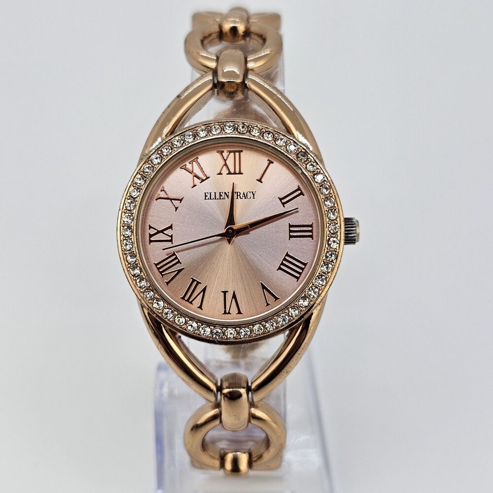 Ellen Tracy Women's Watch 32MM Gold Dial Gold Bracelet Band 7" New Battery
